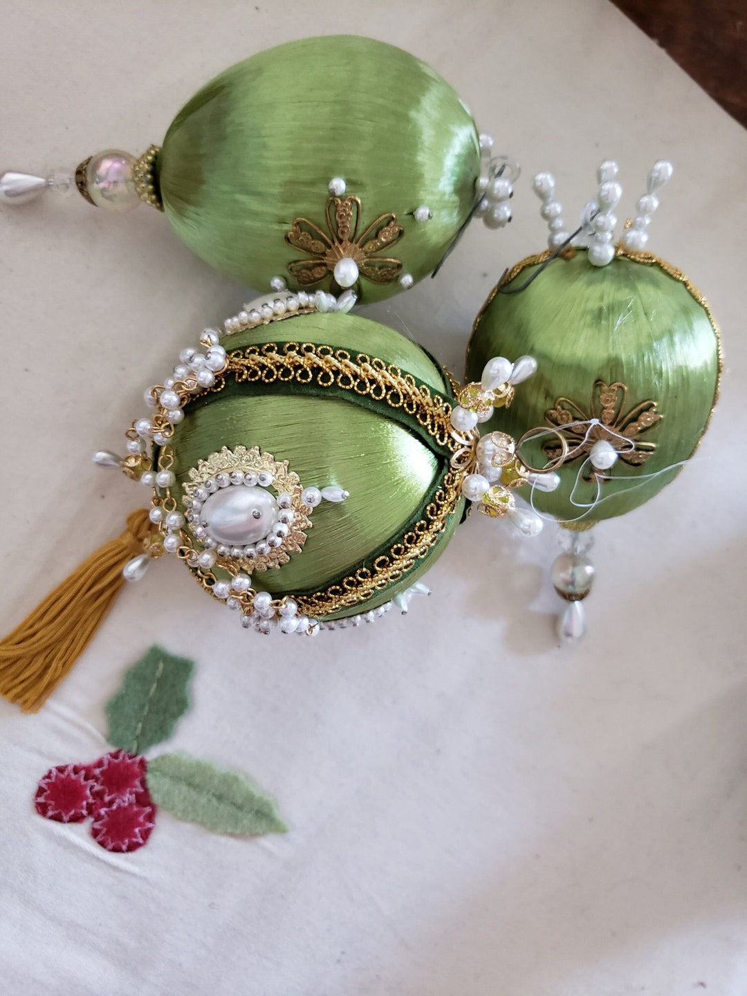 Vintage Handmade Beaded Ornaments for Retro Christmas Tree Satin