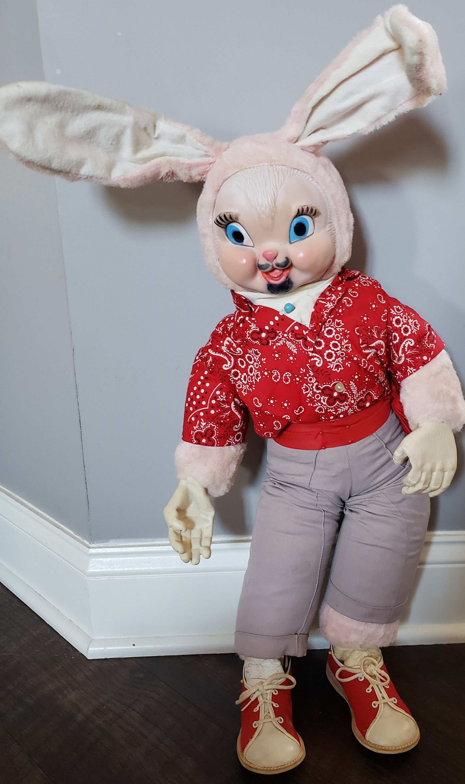 RARE Large Rubber Faced Stuffed Plush Bunny Rabbit Gift for Retro