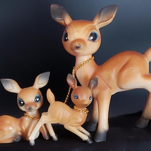 Vintage Anthropomorphic Big Eye Doe Fawn Deer and Baby Figurine