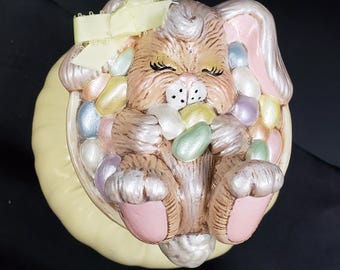 Vintage Retro Dona's Mold Ceramic Bunny Sleeping in a Basket Candy Dish for Easter Spring Mantel Shelf Decor Display Collector