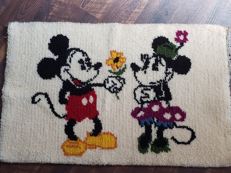 Large Vintage Mickey and Minnie Mouse Wool Hooked Rug for Etsy