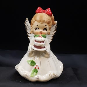 Vintage Josef Originals Christmas Angel Figurine with Cake Gift for Collector Classic Traditional Christmas Display Mantel Shelf Decor