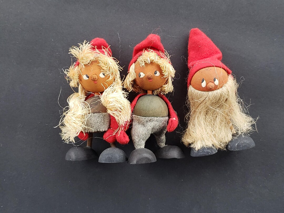 Vintage Set of 3 Wooden Gnomes Elves for Retro Swedish Christmas ...