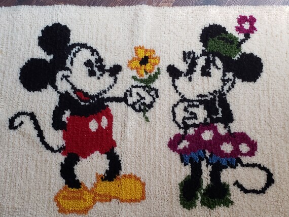 Large Vintage Mickey and Minnie Mouse Wool Hooked Rug for Mickey 