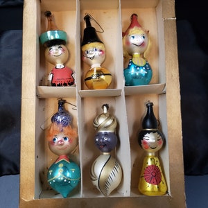 Juego de 6 adornos vintage de vidrio soplado italiano De Carlini, adornos retro vintage para árbol de Navidad.