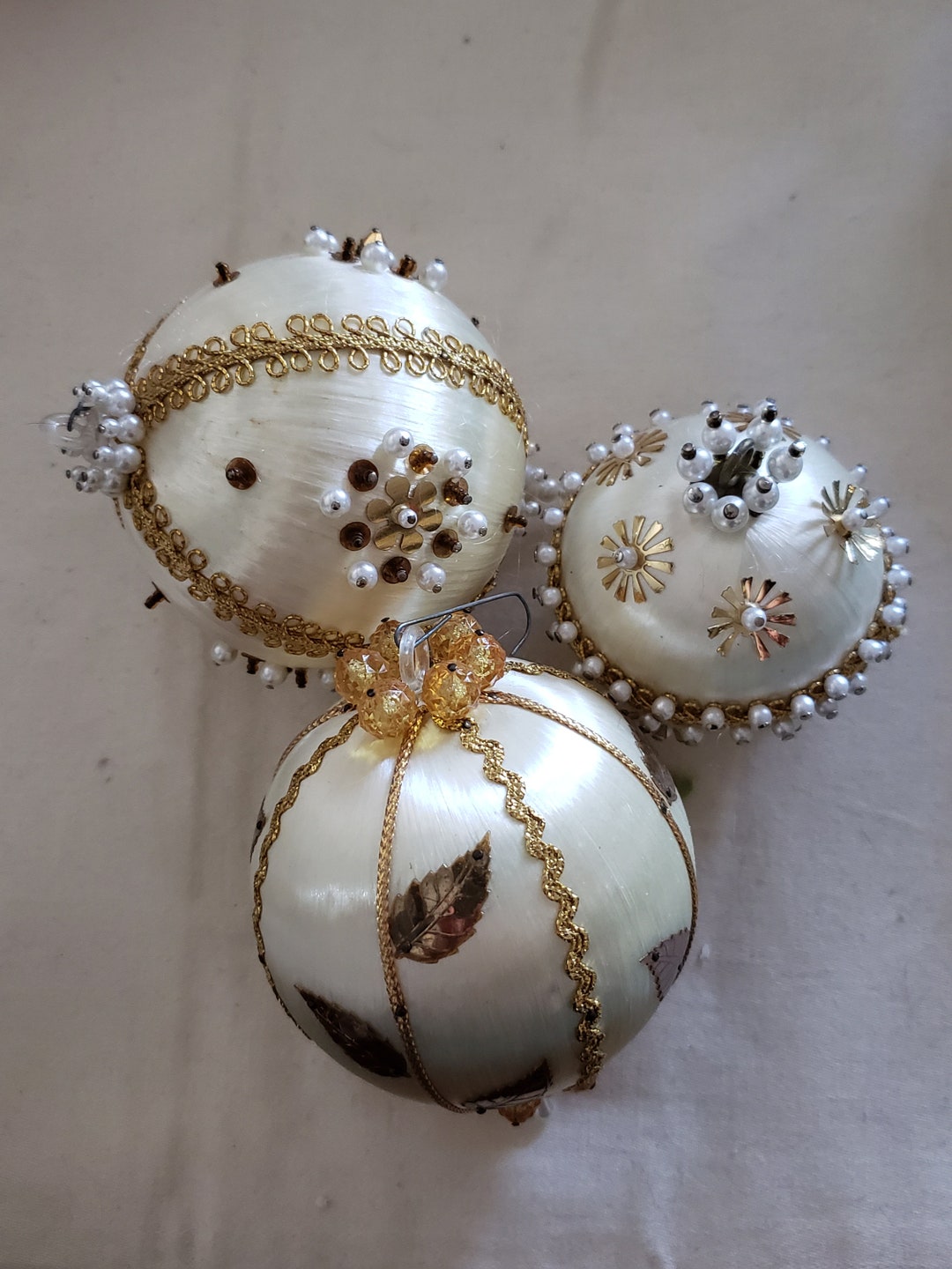 Vintage Handmade Beaded Ornaments for Retro Christmas Tree Satin