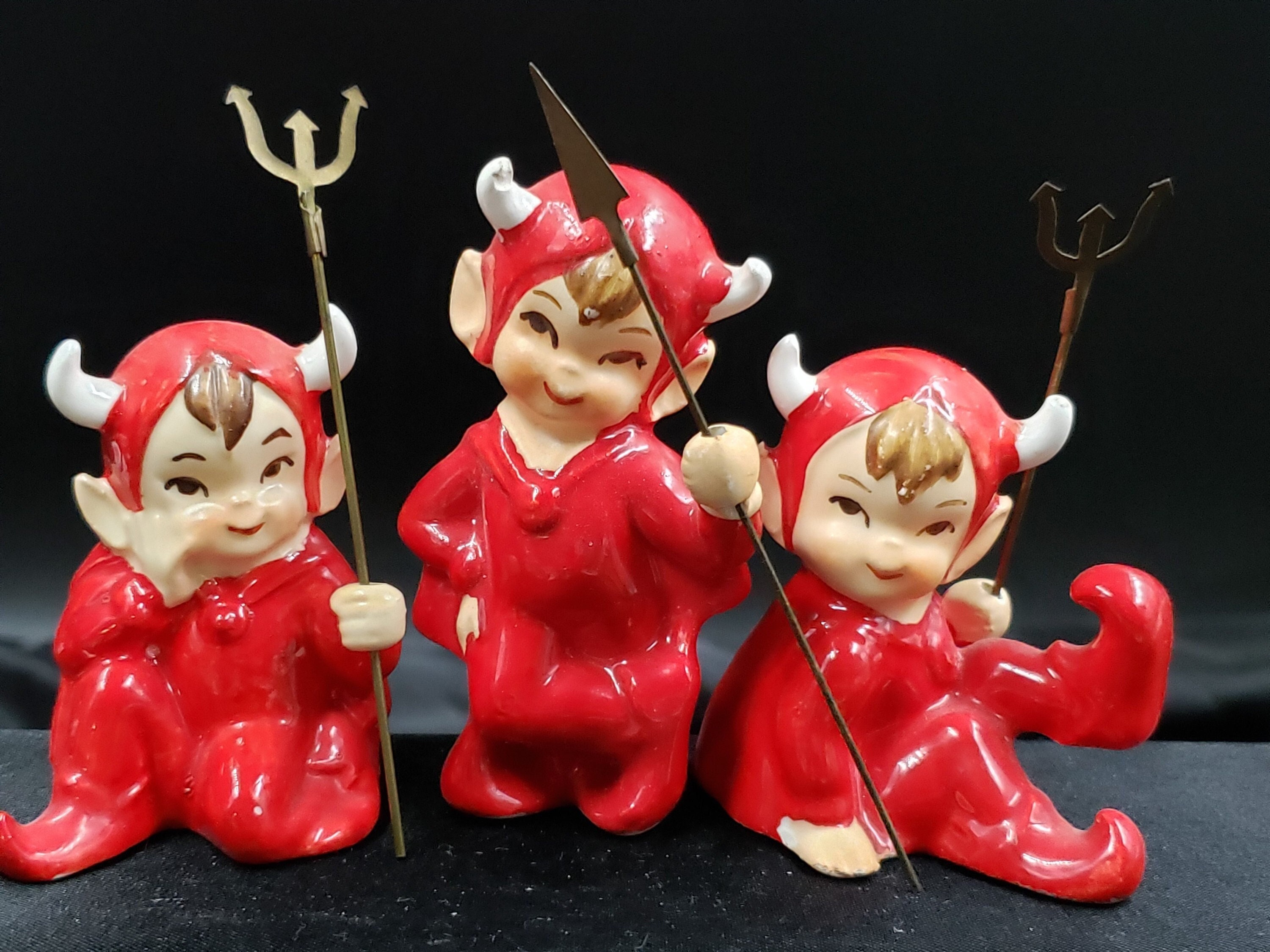 Vintage RARE Lefton Little Devil Trio With Pitchforks Figurines