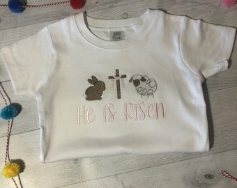 Boy's or Girl's Embroidered Easter Trio /Lamb, Cross, Bunny /He is Risen /Children's Embroidered Shirt / Child T-Shirt