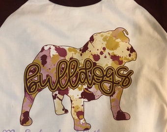 Bulldog Maroon Splatter Adult T-Shirt, Baseball Style Shirt, Maroon raglan shirt