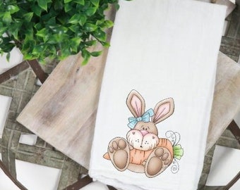 Bunny and Carrot Kitchen Towel, Spring Hand Towel, Easter Dish Towel