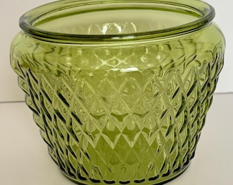 Vintage 1970s Green Glass Quilted Diamond Point Textured Bowl Planter Vase Caddy Catchall - 1960s Mcm Mid Century Retro Home Decor