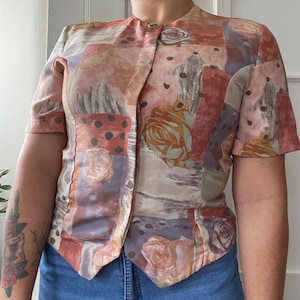 Vintage Womens Buttoned Down Short Sleeve Shirt - Retro Pink Purple 1980s 1990s Style Fashion Ladies Top Patchwork Indie Artsy Thrifty
