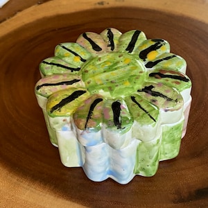 Ceramic Flower Jewelry Box - Hand painted Green Black & Brown Trinket Storage - Home Decor Cute Small Gift