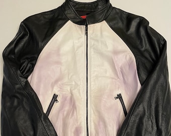 Alice + Olivia Leather Bomber Jacket Womens Size Small - Brand New Ladies Designer Jacket - Colorblock Black & White With Purple Hue