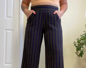 Women’s Striped High Waisted Palazzo Pants By Max Studio - Ankle Length - Navy Blue Orange & Green - Boho Hippie Chill Clothing Style