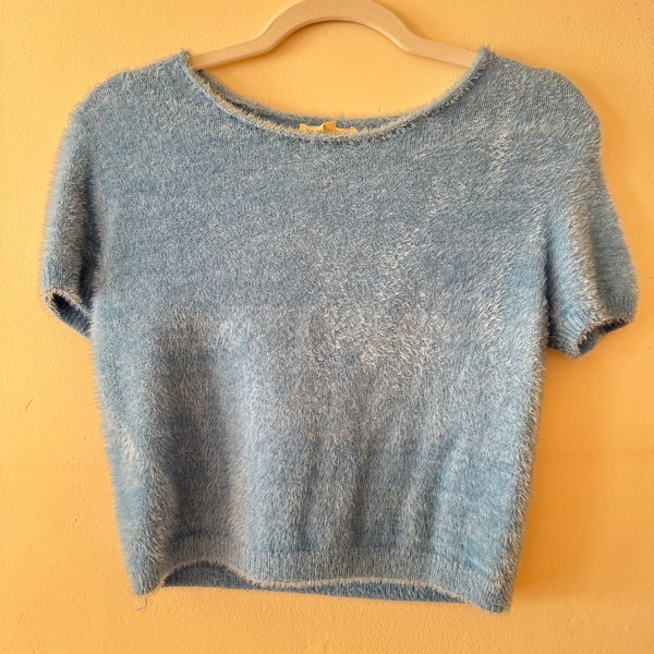 Women's Baby Blue Fuzzy Short Sleeve Crop Top - Garage US Size L Large - 90s Y2K Preppy Modern Spring Summer Coquette Thrifted Clothing