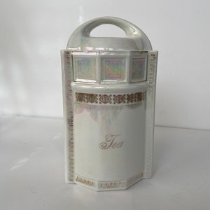 Vintage German Lusterware Ceramic Tea Canister With Lid - White & Gold Opalescent Iridescent - Unique Antique Kitchen Storage Container