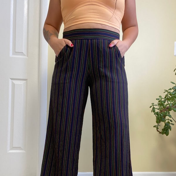 Women’s Striped High Waisted Palazzo Pants By Max Studio - Ankle Length - Navy Blue Orange & Green - Boho Hippie Chill Clothing Style