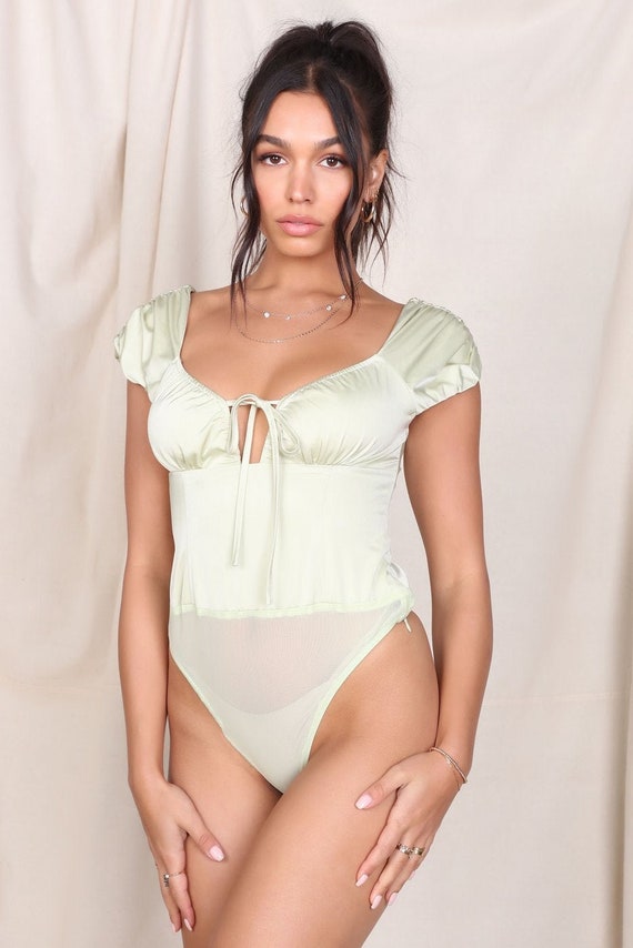 Fashion Nova Pale Green Bodysuit Sage Green Blouse Pastel Top Size