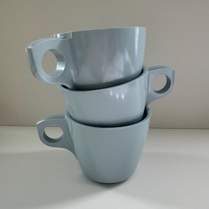 Vintage 1960s Boontonware Tea Cups Set of 3 - Baby Blue Melmac Dinnerware Boonton Molding Co NJ USA - Retro Melamine Kitchen Dining Home