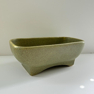 以下が含まれることがあります： テクスチャ加工された表面とわずかに湾曲したベースを持つ長方形の緑色のセラミックプランター