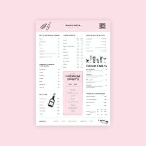 Può includere: Un menu di bevande in bianco e nero con il titolo "Drinks Menu" in alto. Il menu elenca birre e sidri in bottiglia, birre e sidri alla spina, bottiglie, liquori premium, cocktail, vini e champagne e mixer. Il menu include anche i prezzi di ogni articolo.