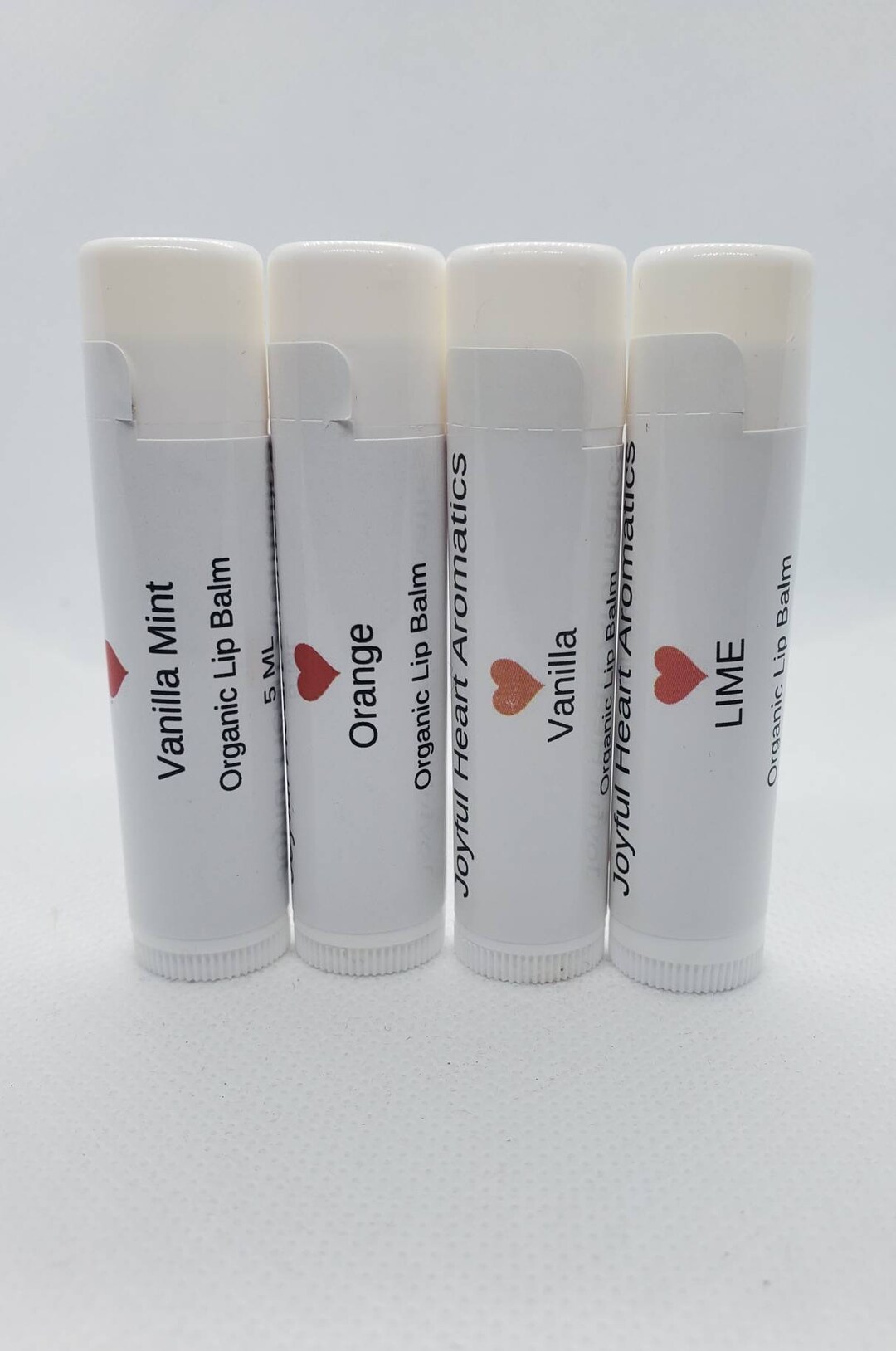 Organic Essential Oil Lip Balms, Jojoba, Orange, Vanilla Mint, Lavender
