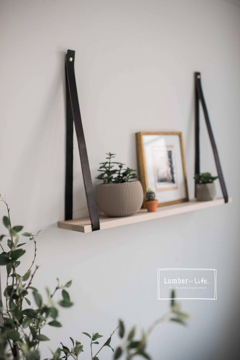 Floating shelf with leather straps Leather Strap wood Etsy