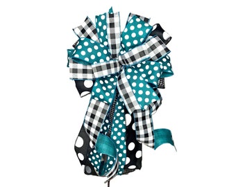 Teal Black and White Bow with Buffalo Check Plaid and Polka Dots for Wreath and more, Farmhouse Style Porch Decor, Coastal Home Decoration