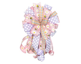 Pink White Lavender Polka Dot Bumble Bee Bow, Spring thru Summer Porch Decor, Front Door Wreath Attachment, Lantern Decoration