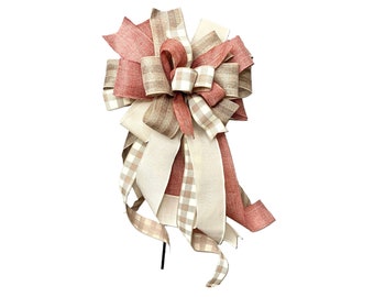 Rustic Burlap Dusty Mauve Pink Buffalo Check Plaid Bow, Farmhouse Style Porch Decor, Everyday Wreath or Lantern Decoration