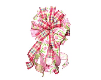 Bow Pink Tulips Wreath Bow with Hot Pink Spring Summer Plaid, Pink Green and White Spring Flowers Bow, Spring Porch Lantern Bow Decor