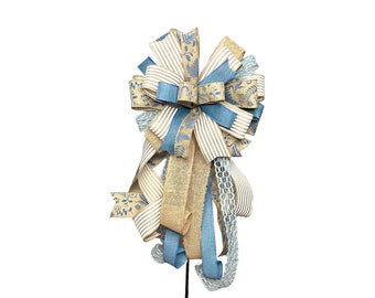 Burlap Blue Bow for Wreath Lantern and more with Blue Fern Foliage, Rustic Farmhouse Style Everyday Decor, Country Porch Decoration