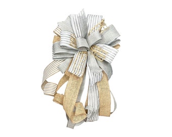 Rustic Burlap Grey and White Bow for Everyday Wreaths, Gray Lantern Bow, Grey Porch Decor, Gray and White Buffalo Check Plaid Bow