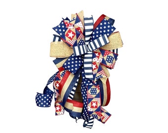Bow in Patriotic Patchwork Quilt Stars Stripes Coordinating Ribbons for Wreath, Lantern and more, Memorial Day July 4th Summer Porch Decor