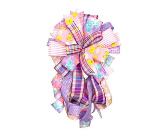 Bow Butterfly Flowers in Pink Lavender Pink Aqua Yellow for Spring Summer Wreath or Lantern, Lavender Gingham Plaid Farmhouse Porch Decor