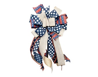 Patriotic Bow in coordinating Red White Blue and Rustic Burlap Ribbons, Memorial Day through Veteran's Day Decor, Summer Porch Decor