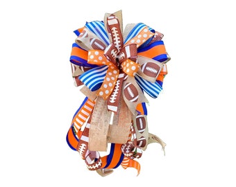 Royal Blue Orange and White Football Themed Bow with Coordinating Ribbon for Wreath or Lantern, Home Team Decor, Fall Porch Decoration