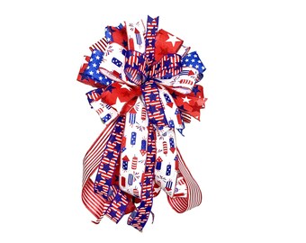 Patriotic Bow Fireworks Stars and Stripes Bow, Red White and Royal Blue Wreath or Lantern Decor,  4th of July Door Decoration, Military Gift