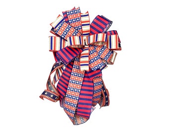 Patriotic Bow with Coordinating Red White Blue and Burlap Stars and Stripes Ribbons, Wreath or Lantern Decor, Summer Porch Decoration