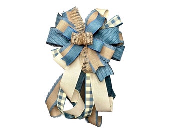 Farmhouse Blue Bow with Rustic Burlap, Door Wreath Decor, Country Porch Lantern Decoration