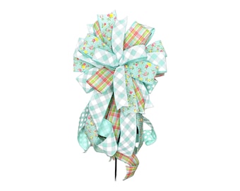 Aqua Buffalo Check Pink Yellow Rose Bow, Mint White Summer Porch Decor, Front Door Wreath Attachment