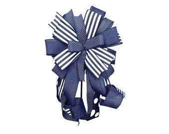 Navy Blue and White Multi Pattern Everyday Bow, Wreath or Lantern Decoration, Farmhouse Style Porch Decor, Gift for Her