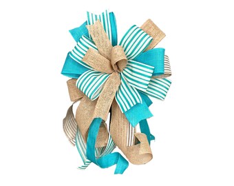 Rustic Burlap and Teal Bow with Coordinating Ribbons, Coastal Nautical Home Decoration, Farmhouse Everyday Home or Porch Decor