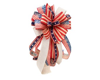 Patriotic Bow featuring Rustic American Flag Stars Stripes for Wreath Lantern Mailbox, Memorial Day 4th of July Veterans Day, Porch Decor