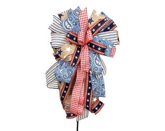 Rustic Burlap Patriotic Red White and Blue Bandana Bow, Everyday Porch Decor, Stars and Stripes Wreath or Lantern Decoration