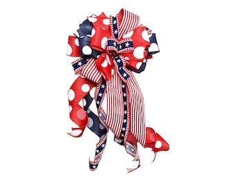 Patriotic Bow with Navy Blue Red and White coordinating Ribbons, July 4th Porch Decor, Everyday Door Decoration, Military Gift