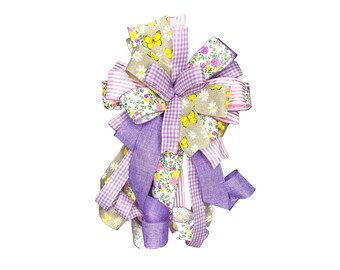 Bow Rustic Burlap Butterfly Lavender Purple Wreath Bow, Pink Yellow Purple Rose Butterfly Wreath Bow Lavender Summer Porch Decor Lantern Bow