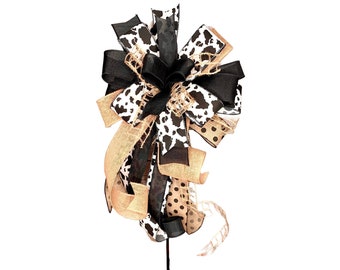 Farmhouse Style Black and White Cow Animal Print Bow with Rustic Burlap and Black Polka Dot Ribbons, Rodeo Country Home Porch Decor