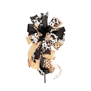 Farmhouse Cow Print Wreath Bow: Rustic Burlap Black and White Polka Dot Ribbons